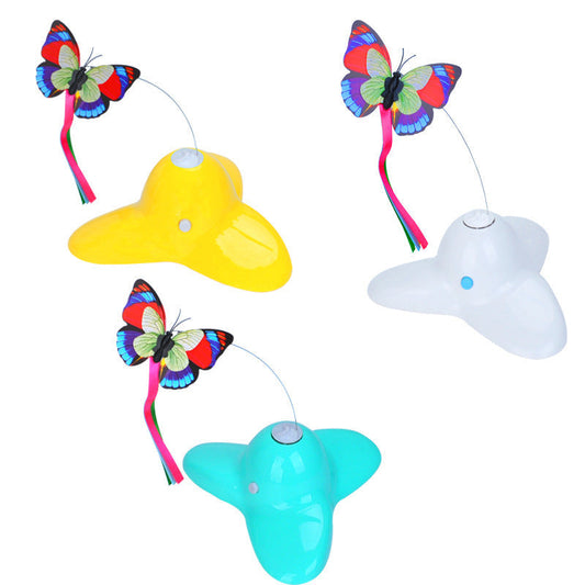 Butterfly cat toy bases in yellow, white and green, each with a butterfly and ribbon tails on a thin wire