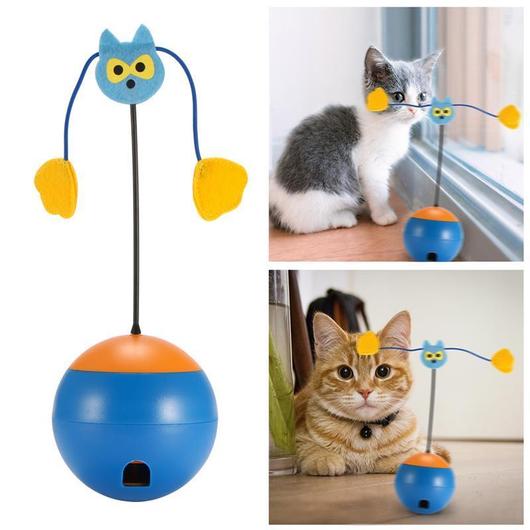 Laser cat toy with its felt teaser wand standing in the ball base, beside two photos of cats playing with it