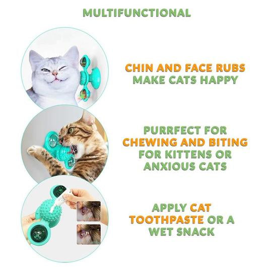 Three photos of cats rubbing and biting the green windmill toy and a hand spreading paste on its nubby center