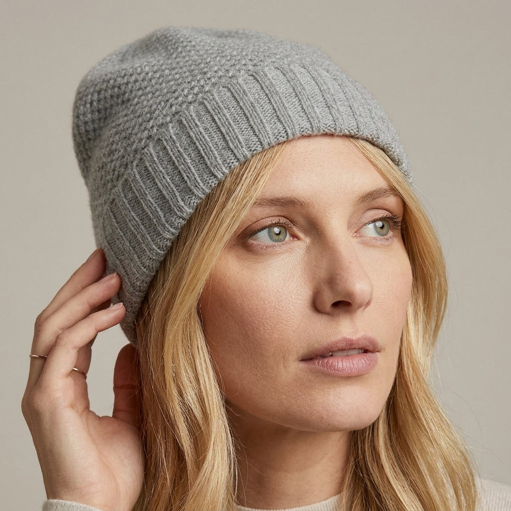Light gray cashmere beanie on a model touching the brim, honeycomb stitch and ribbed cuff