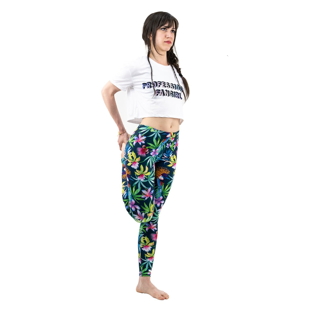 Fashion Women Trend Green Floral Leaf Flower Pattern Leggings Sexy Elasticity Fitness Slim Bottoms Workout Pants-4
