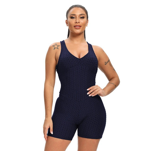 Women Solid Jacquard Yoga Jumpsuit Workout Fitness Shaping Push Up Playsuit V Neck Sleeveless Backless Top Shorts Sports Romper-1