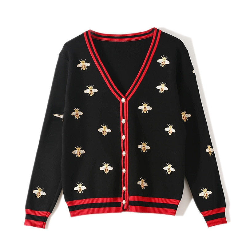High Quality Fashion Designer Bee Embroidery Cardigan Long Sleeve Single Breasted Contrast Color Button Knitted Sweaters-4