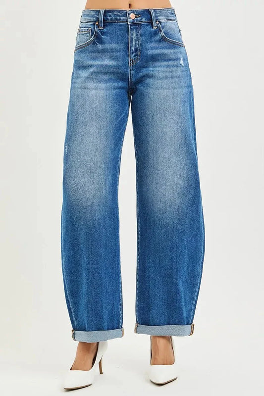 RISEN Full Size Mid Rise Barrel Double Roll Up Jeans Plus Size-1