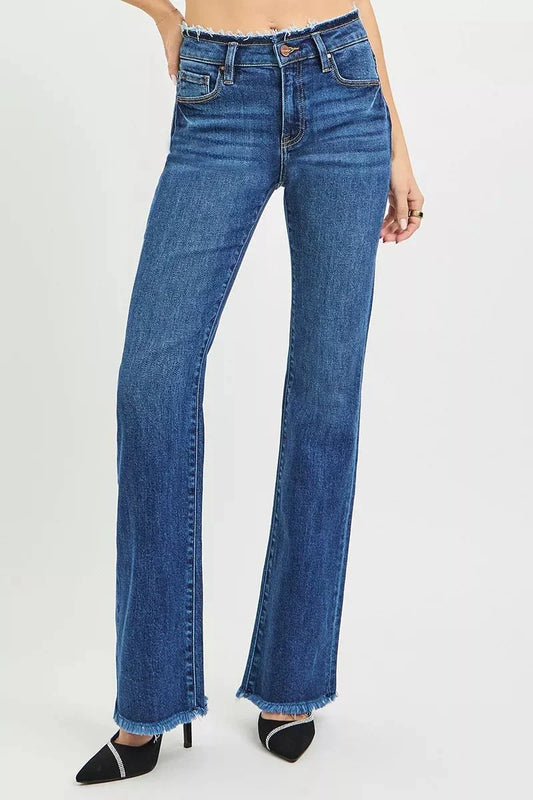 RISEN Full Size Mid Rise Bootcut Frayed Waistband Hem Detail Jeans Plus Size-1