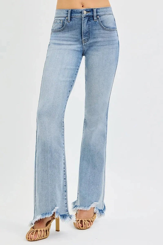 RISEN Full Size Tummy Control Mid Rise Flare Jeans with Fray Hem Detailed Plus Size-1