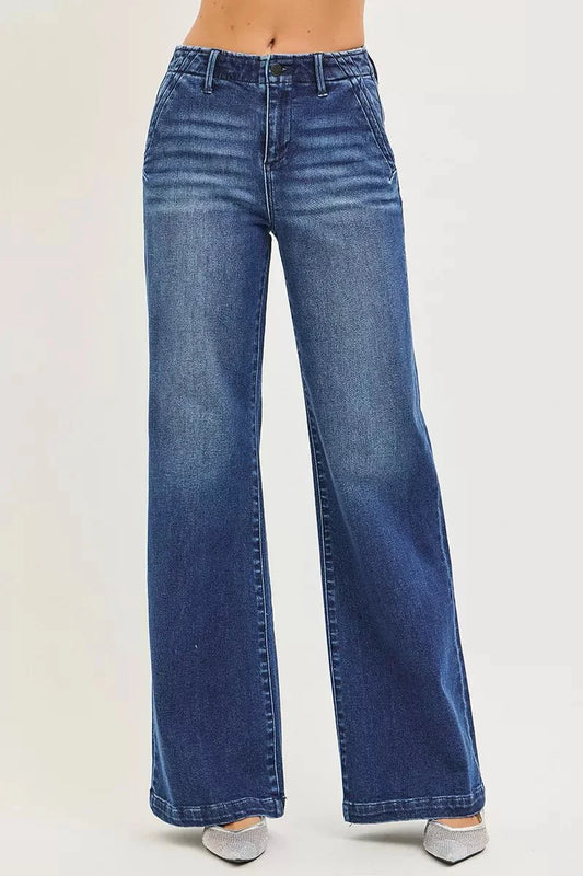 RISEN High Rise Wide Leg Slanted Pocket Jeans-1
