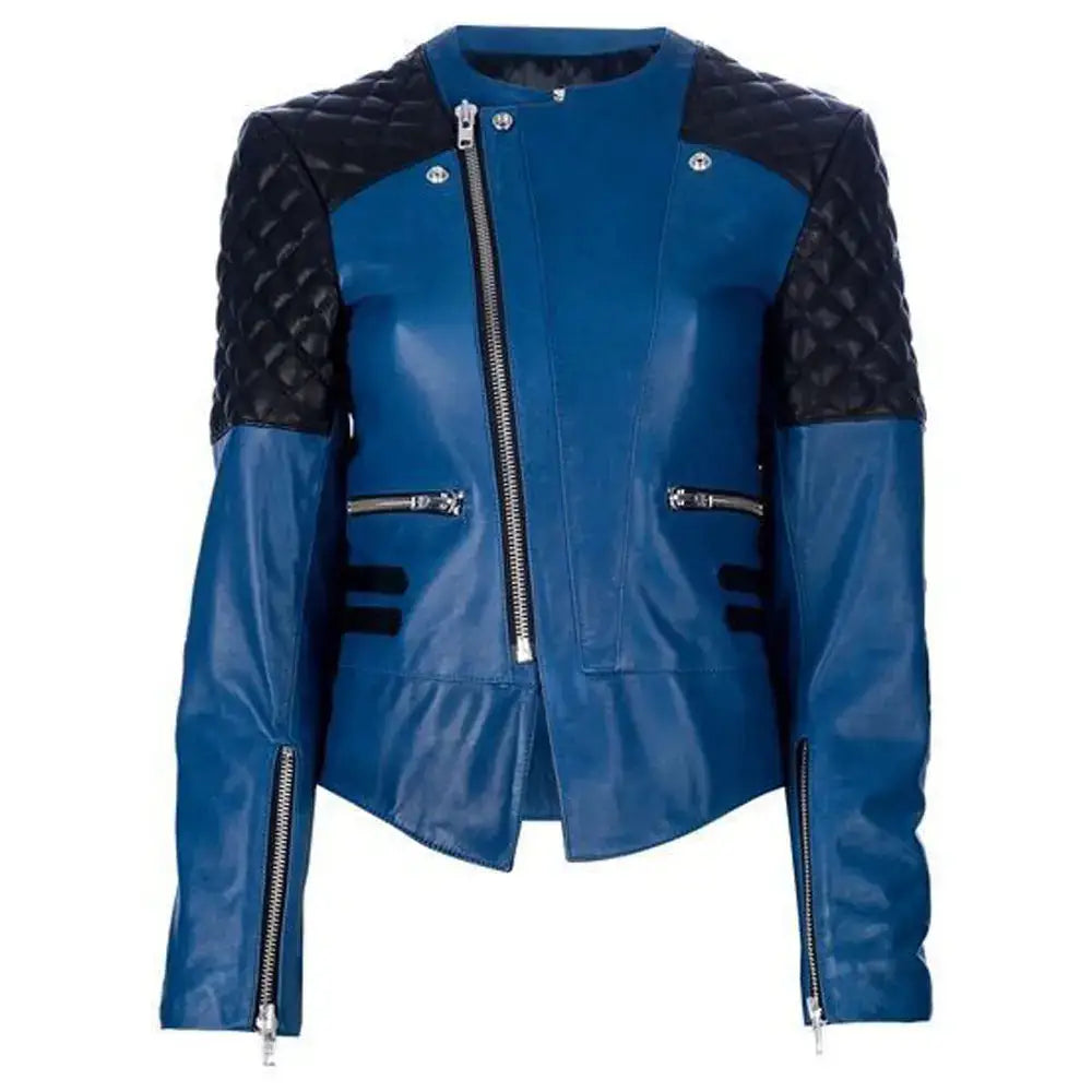 Women's Royal Blue Leather Biker Jacket-0