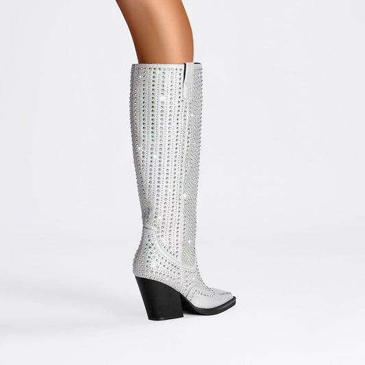 SIlver Embellished Glam Knee High Boots-1