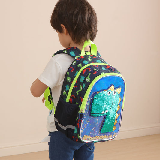 Kids dinosaur backpack by SUNVENO with reversible sequins, featuring colorful dinosaur design and adjustable straps.