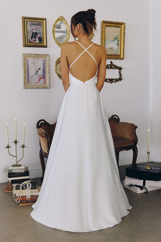 Wedding A-Line, Soft Satin, Draped Cowl Neckline with Spaghetti Straps-1