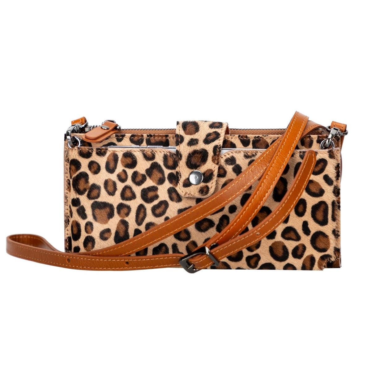 Crossbody phone wallet in a leopard print with a tan leather strap and snap tab