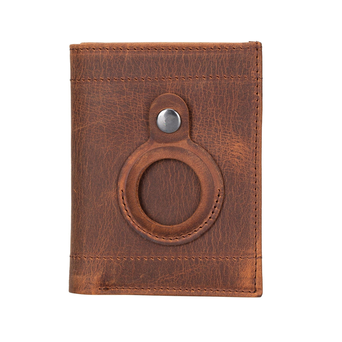 Leather AirTag wallet in dark brown with a waxed, mottled finish and the round snap pocket