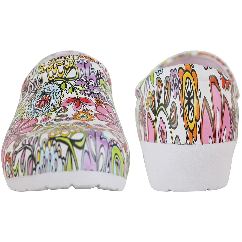 Pair of women's floral print slip-resistant clogs.
