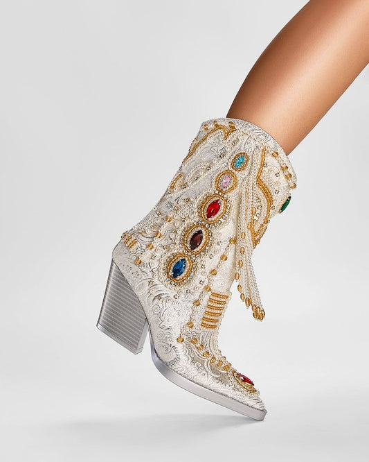Venetian Gem and Pearl Encrusted White Cowgirl Boots-1