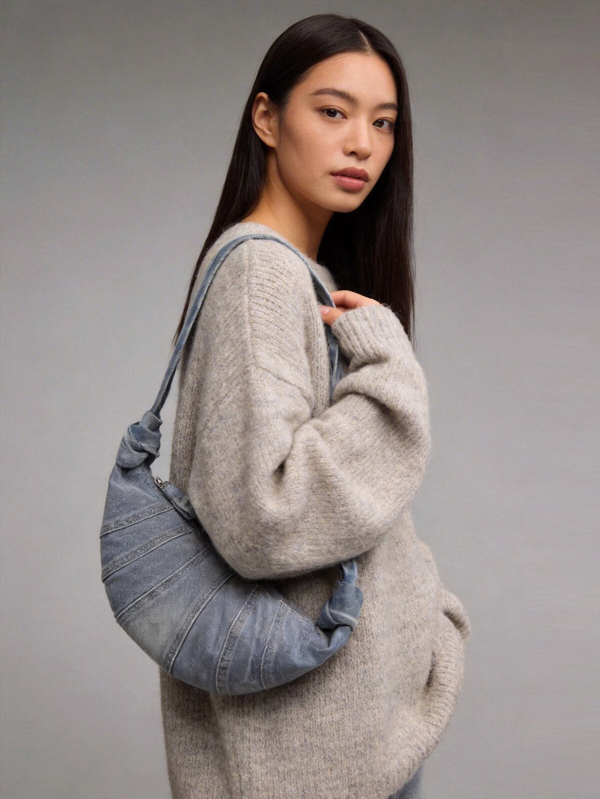 Washed Denim Croissant Shoulder Bag – Pleated Crescent Hobo with Knotted Strap Detail-4
