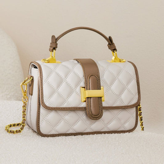 White Quilted Leather Satchel Bag with Gold Chain Strap-1