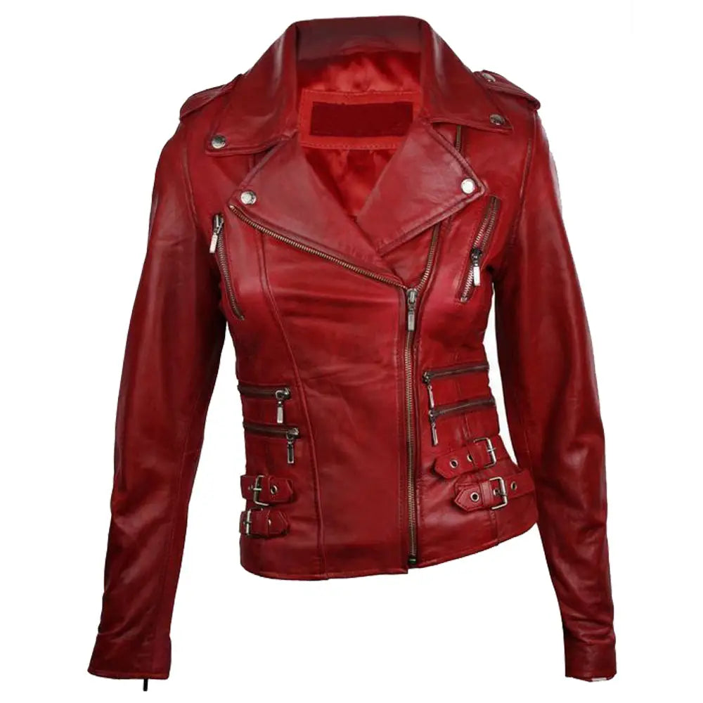 Women's Wine Red Waxed Motorcycle Leather Jacket