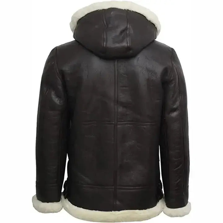 Womens B3 Flight Black Aviator Shearling Leather Jacket with Hood-4