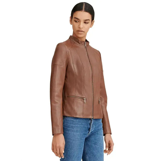Women’s Brown Leather Biker Jacket – Mandarin Collar Style-1
