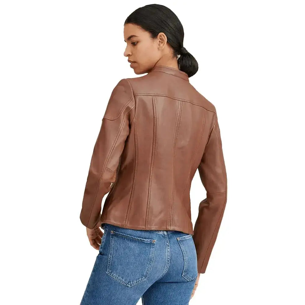 Women’s Brown Leather Biker Jacket – Mandarin Collar Style-2