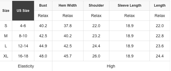 Size chart for the chunky knit sweater, sizes S to XL, measured in inches