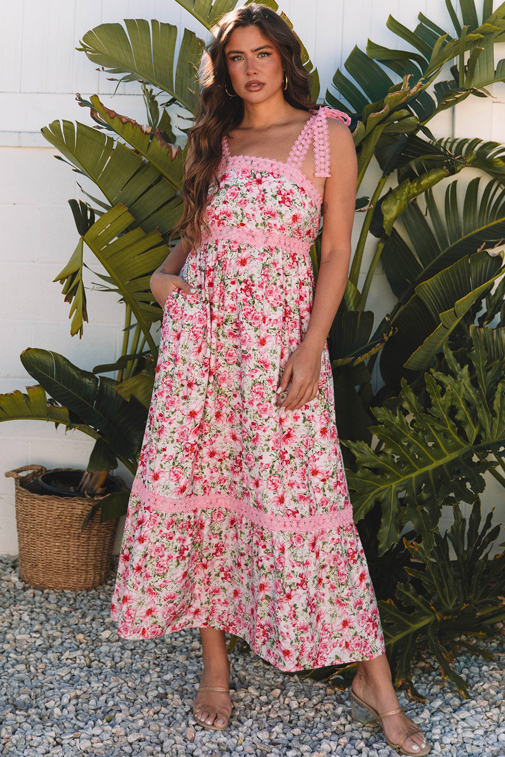 Pink floral empire waist maxi dress, front view