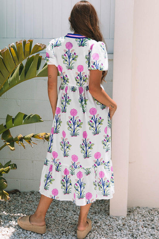 Back view of the white floral puff sleeve midi dress