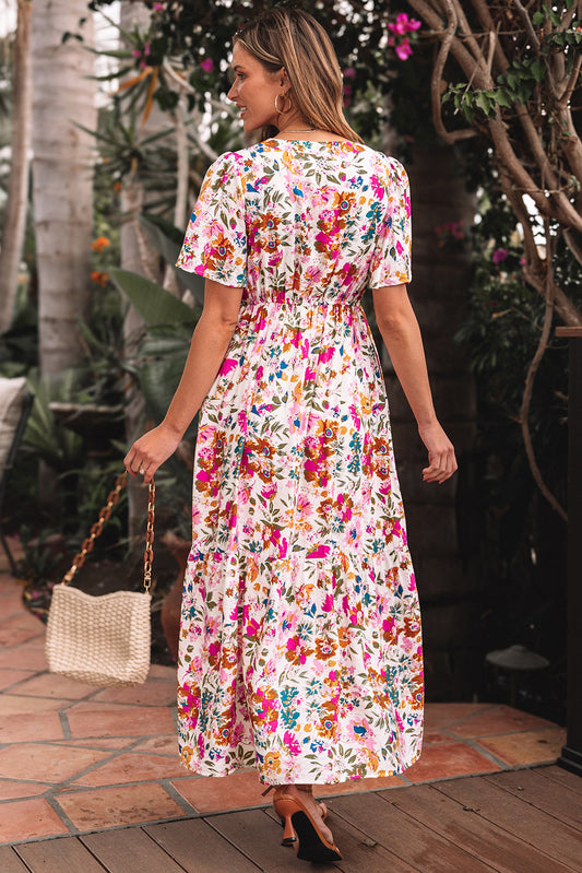 Back view of the floral smocked waist maxi dress