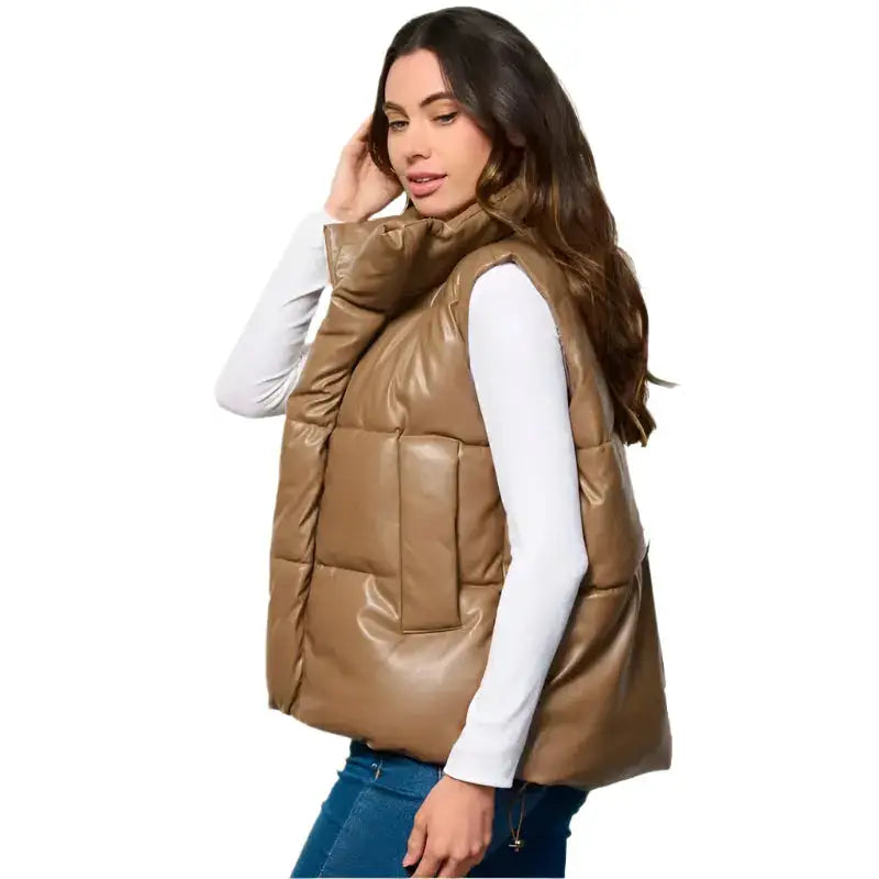 Women’s Khaki Puffer Leather Vest