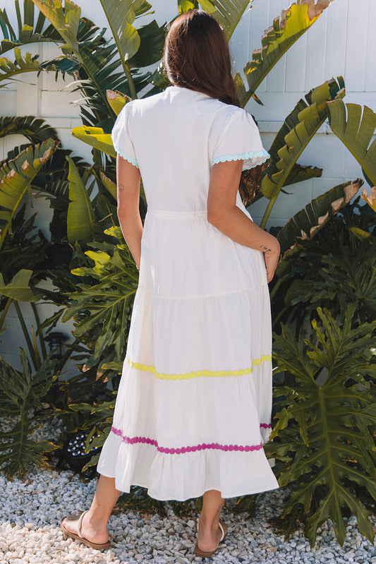 Back view of the white rickrack trim maxi dress