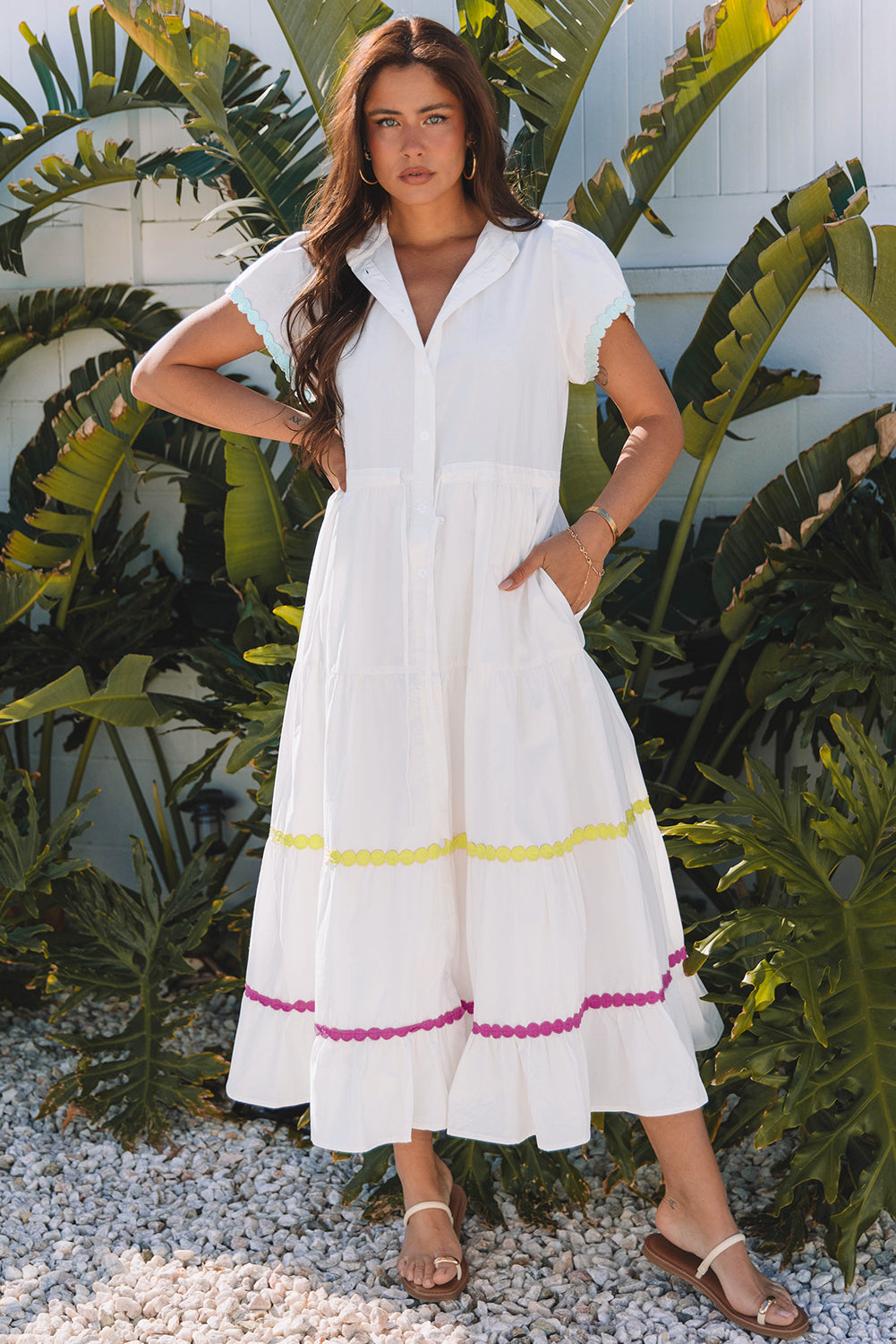 White rickrack trim maxi dress, front view