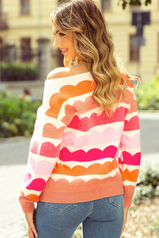 Back view of the scallop stripe balloon sleeve sweater