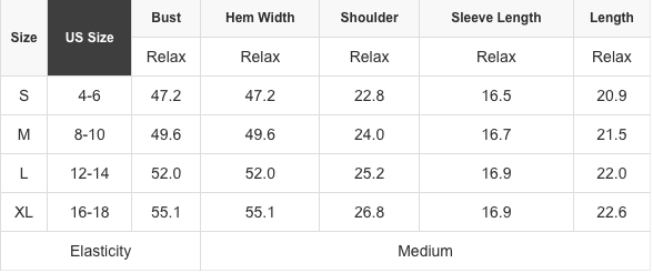 Size chart for the star patch knit top, sizes S to XL, measured in inches