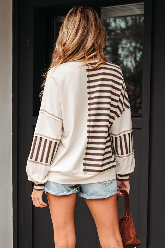 Back view of the cream and brown striped henley sweatshirt
