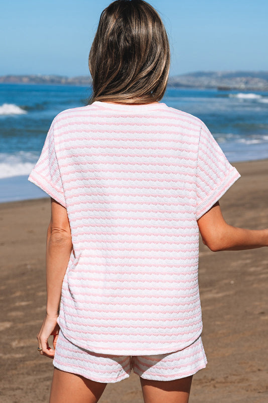 Back view of the pink striped knit shorts set