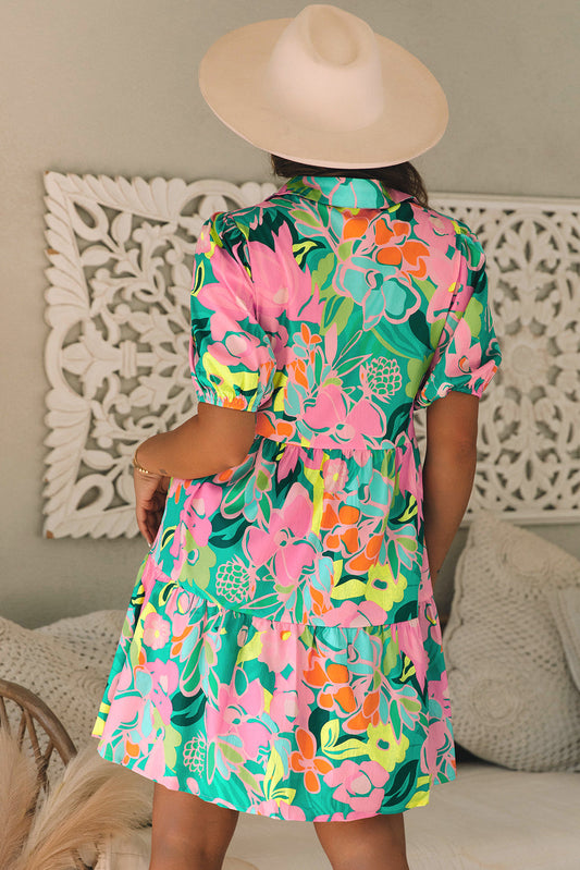 Back view of the green tropical floral babydoll dress