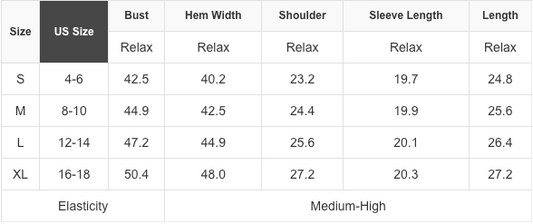 Size chart for the varsity stripe sweatshirt, sizes S to XL, measured in inches