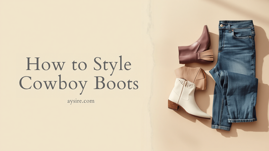 How to Style Cowboy Boots. Overhead flat-lay of ankle cowboy boots beside folded blue jeans on a cream background