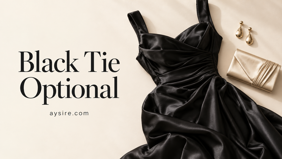 Black Tie Optional, black satin dress with a champagne clutch and gold earrings on a cream background