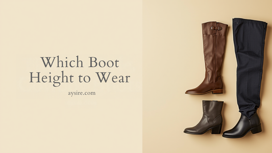 Which Boot Height to Wear. Overhead flat-lay of a knee-high boot, folded jeans and two ankle boots on a cream background