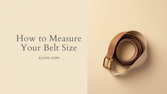 How to Measure Your Belt Size. Overhead flat-lay of a coiled tan leather belt with a brass buckle and a tailor's tape measure on cream