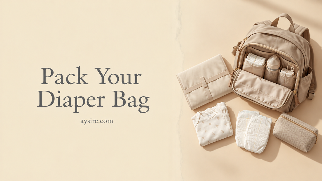 Pack Your Diaper Bag. Beige backpack with a changing mat, baby clothes, diapers, and a pouch on cream.
