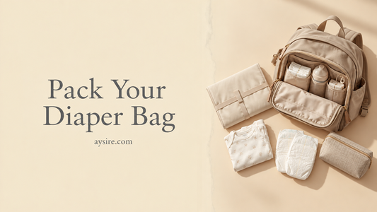 Pack Your Diaper Bag. Beige backpack with a changing mat, baby clothes, diapers, and a pouch on cream.