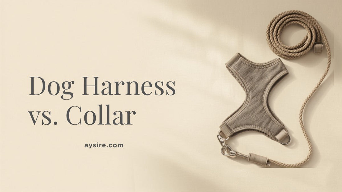 Dog Harness vs Collar. A coiled cotton rope leash, a flat step-in harness and a matching collar with a brass clip.