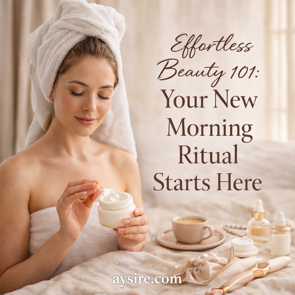 Woman applying face cream in a soft morning skincare routine setting with neutral tones, effortless beauty ritual for busy days with minimal aesthetic, aysire.com