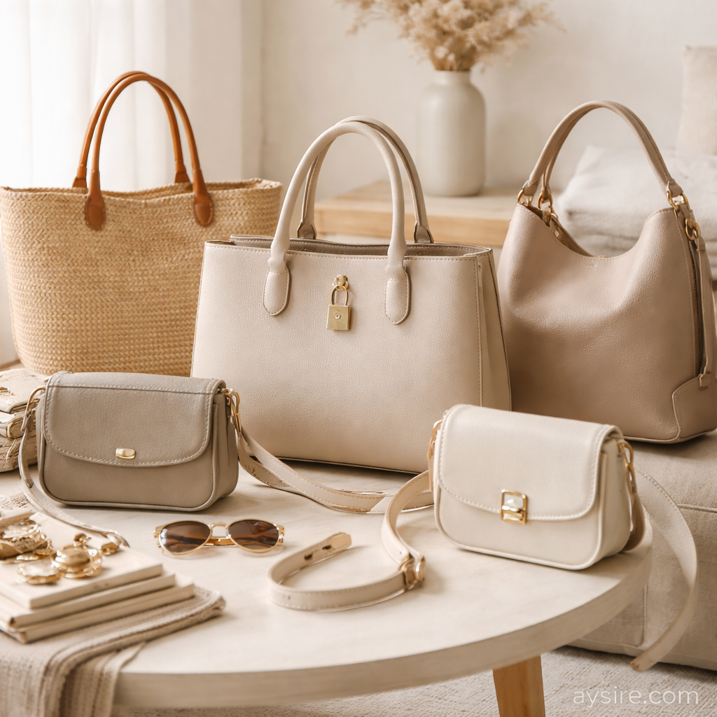 Minimalist everyday bags in neutral tones styled for modern daily use by aysire.com