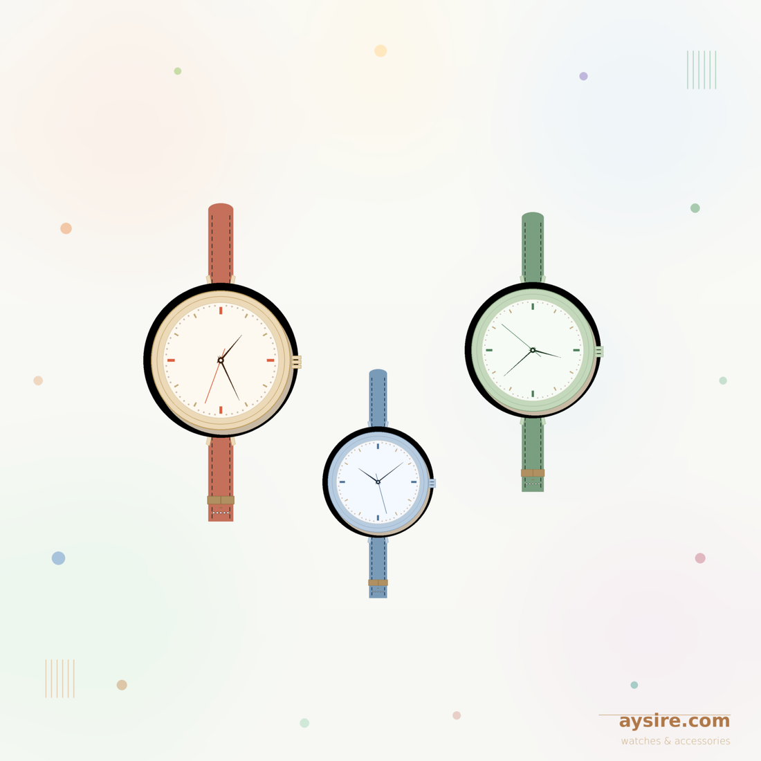 Three casual analog watches with colorful leather straps in coral, green and blue tones styled on a soft white background