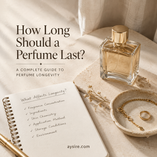 Editorial perfume longevity guide with a minimal fragrance bottle, handwritten notes about what affects how long perfume lasts, and warm neutral styling, aysire.com