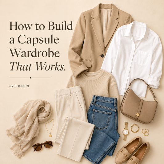 Neutral capsule wardrobe essentials arranged in a clean editorial flatlay with blazer, white shirt, denim, handbag, loafers and accessories, aysire.com